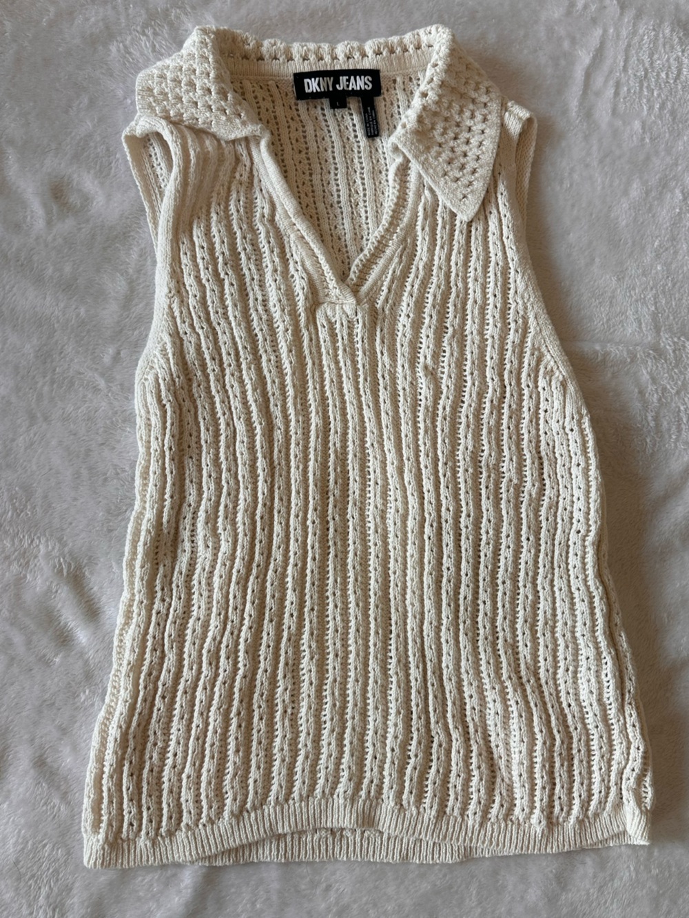 DKNY Cream Open-Knit V-Neck Sweater Top